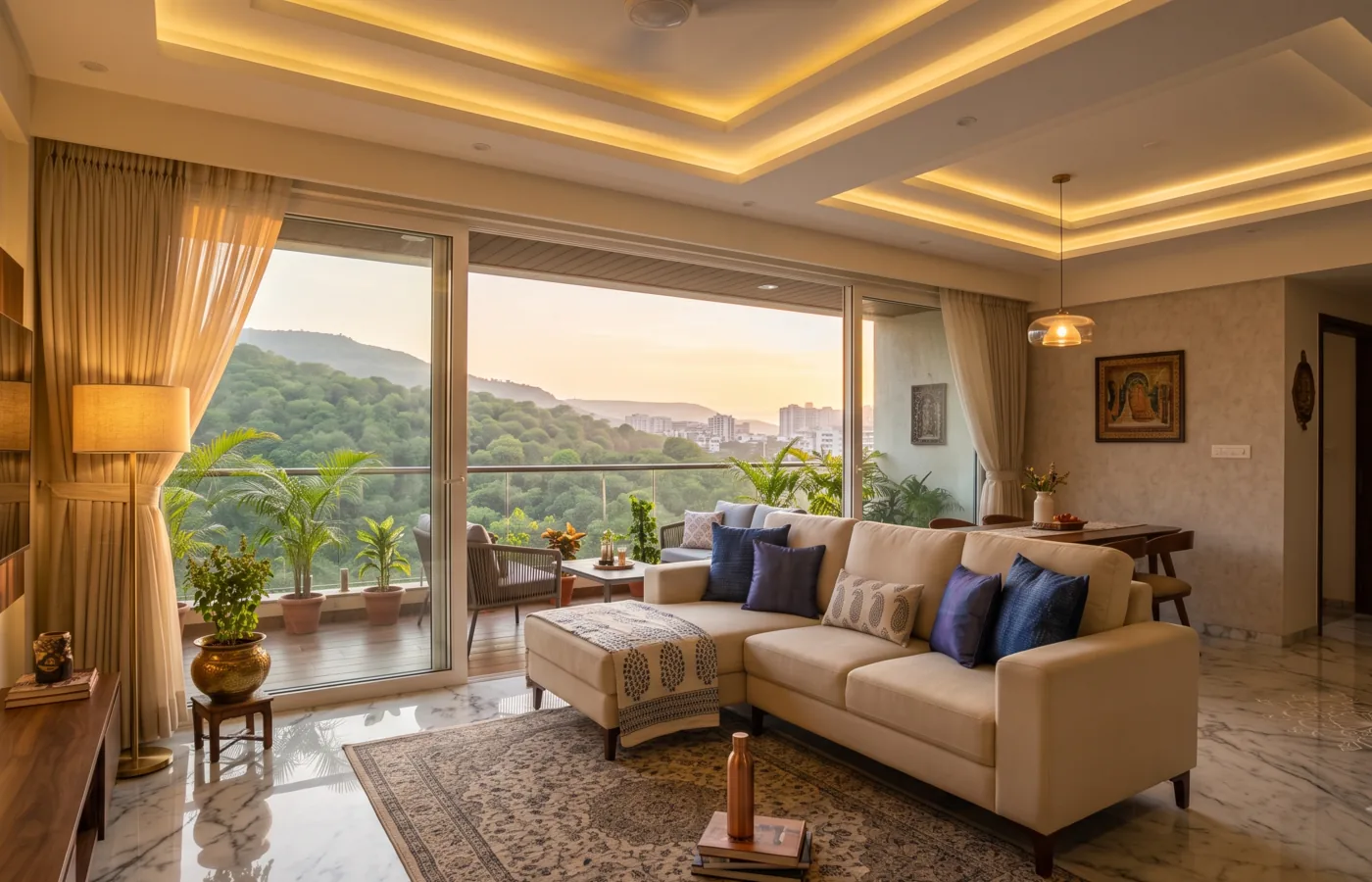 Elegant Pune apartment living room with balcony and Sahyadri view