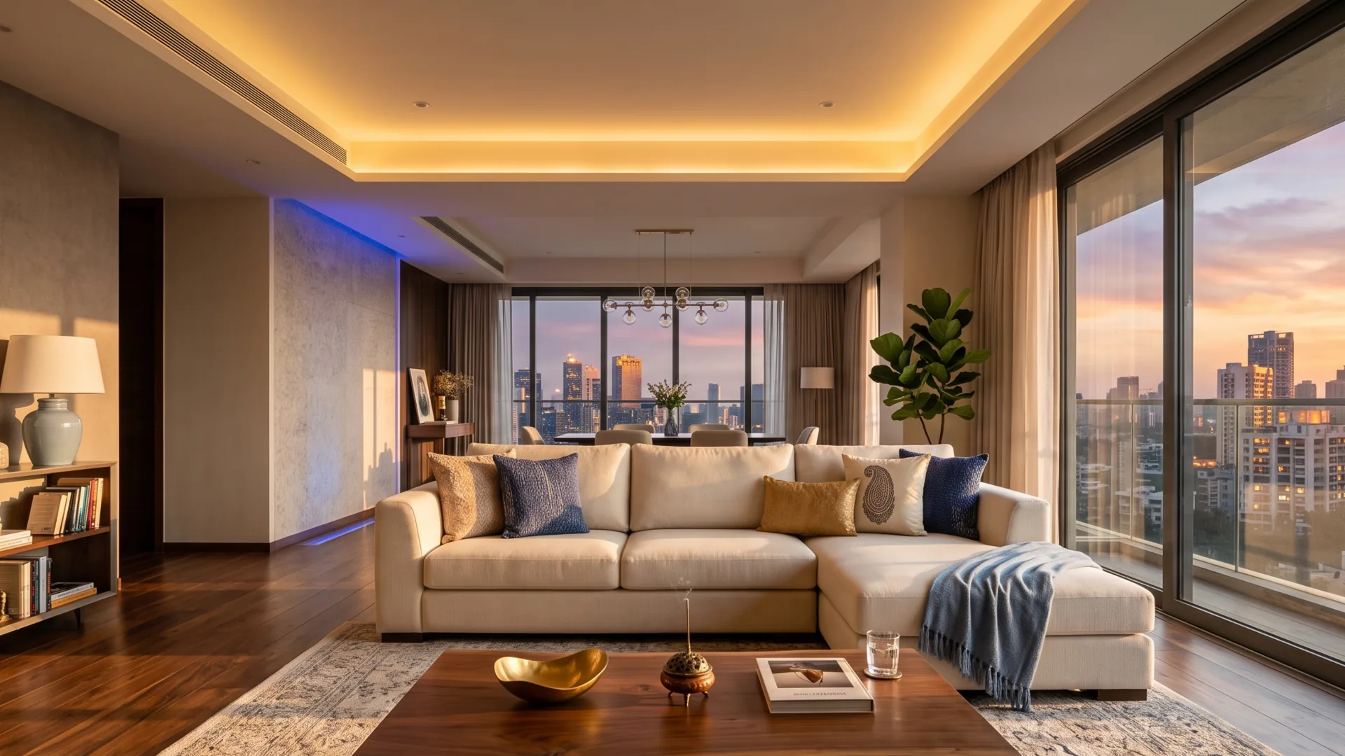 Modern Pune living room at dusk with smart home lighting
