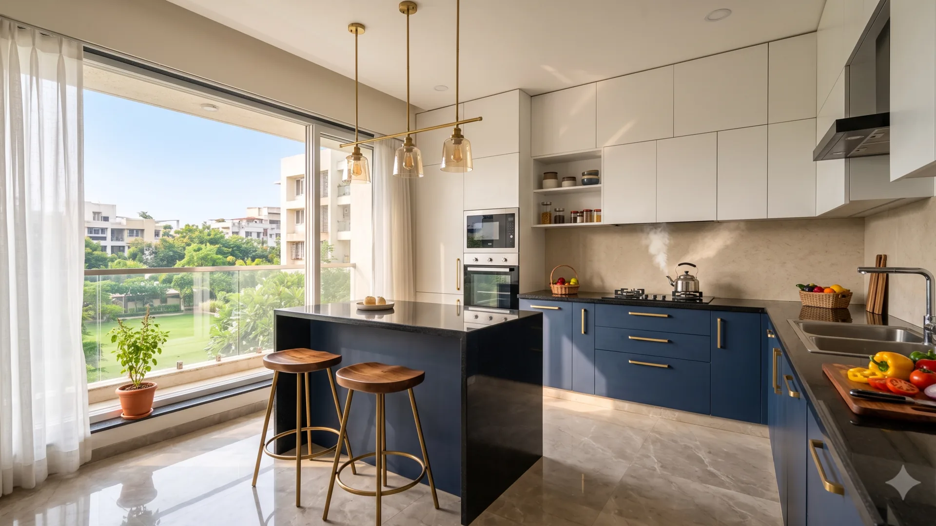 Modular kitchen with brass pendants and society view