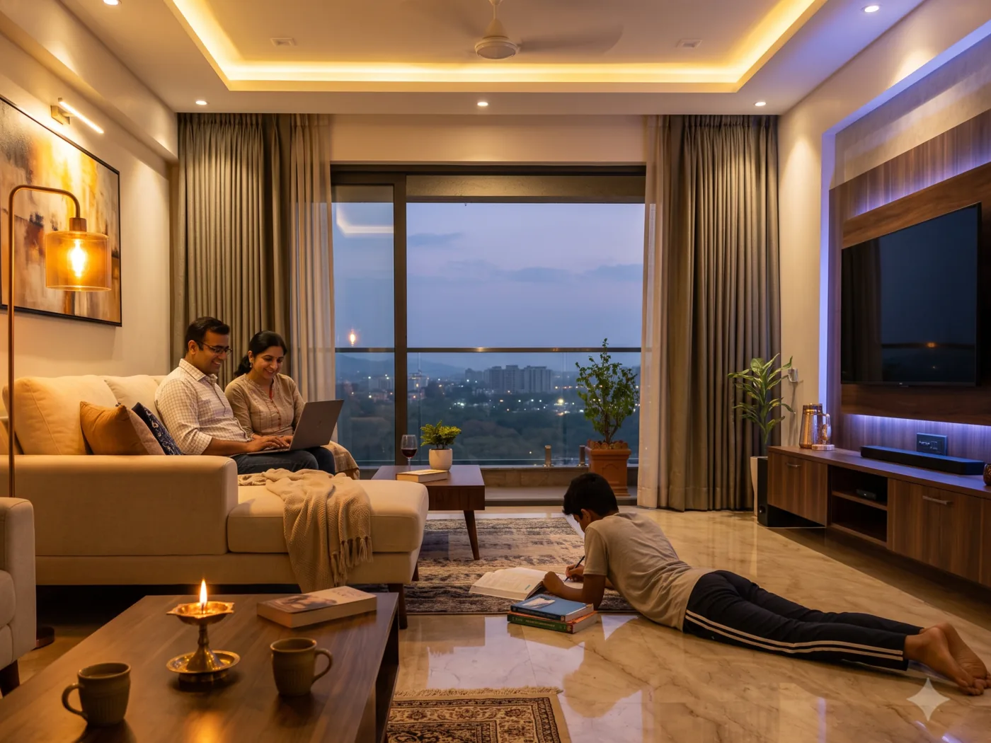 Indian family enjoying warm evening in a modern Pune living room