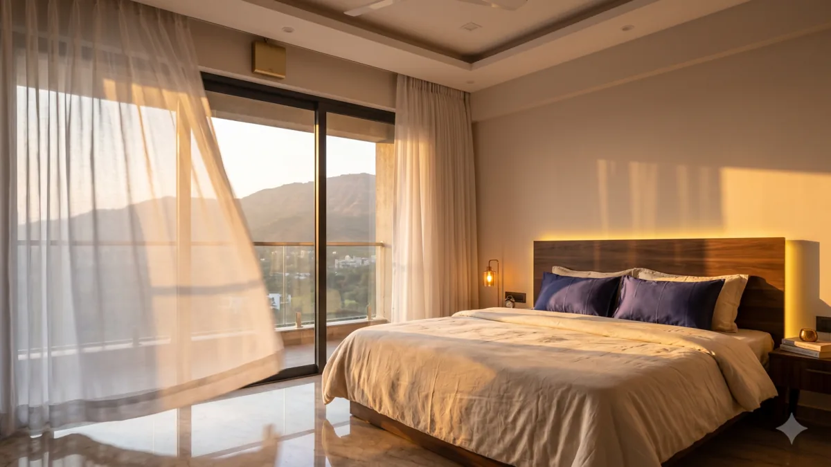 Motorised sheer curtains opening at sunrise in a Pune bedroom with Sahyadri view