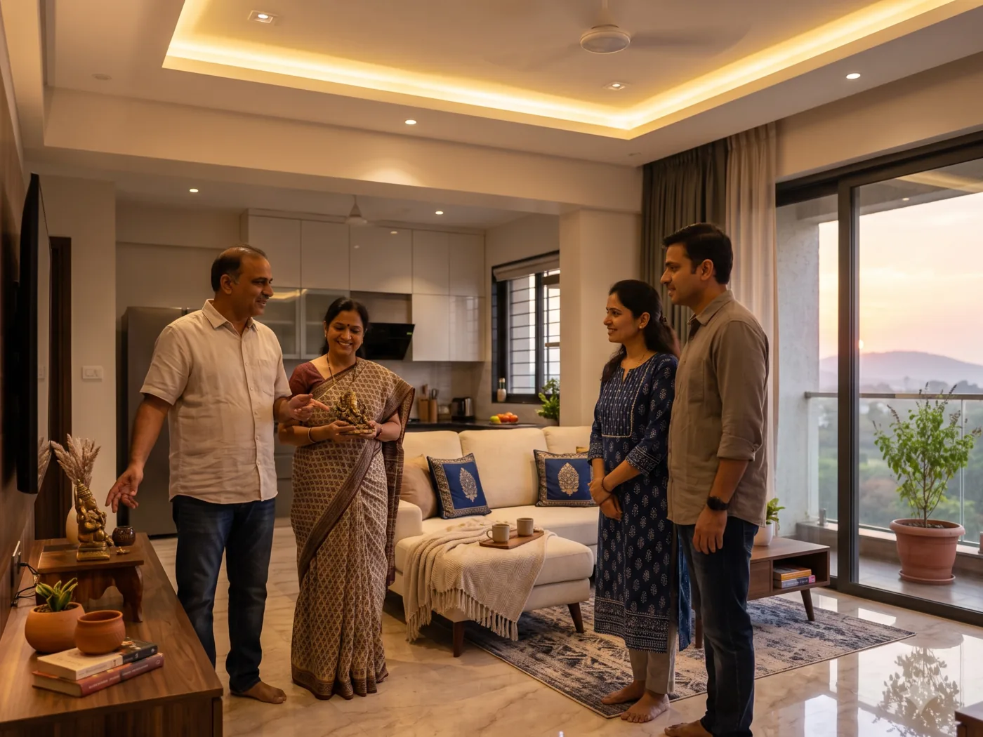 A family hosting friends in a beautifully finished Nashik home at dusk