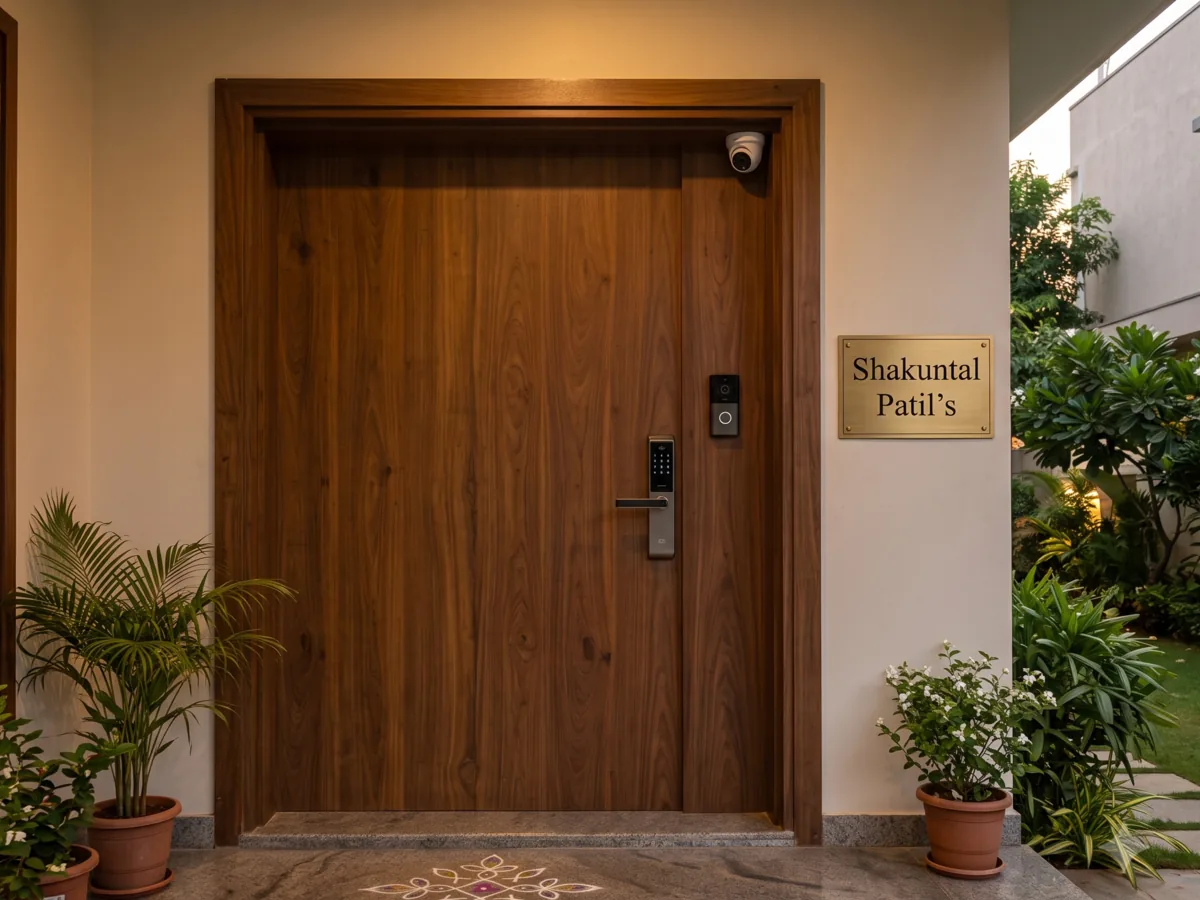 Walnut smart-security villa entrance in Dhule with rangoli and CCTV